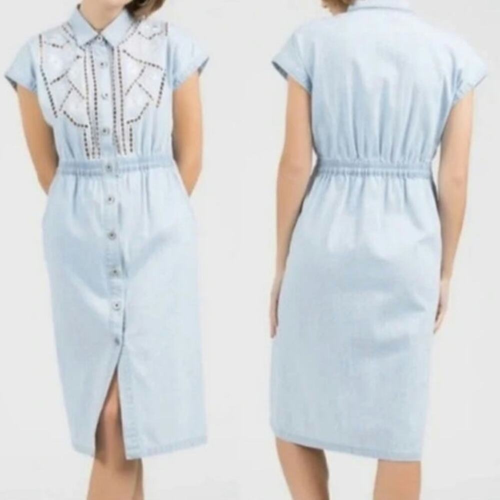 POL Denim Button Front Elastic Waist Cotton Midi Dress Size Small